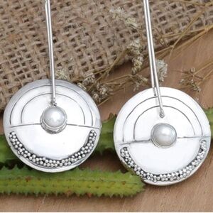 Silver and White Circular Earrings with Textured Design